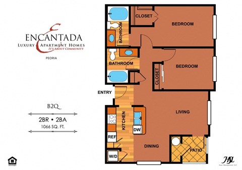 Floor plan for 2 beds, 2 baths, 1017 sqft